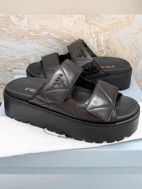 New! Prada Quilted Black Leather Platform Slide Sandals